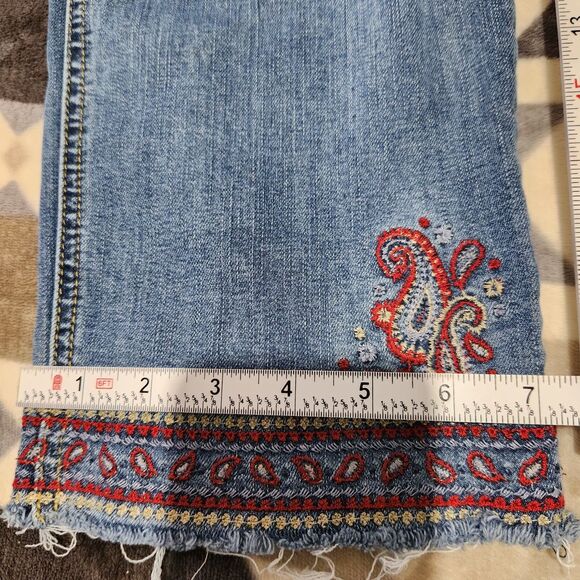 Democracy Crop Pants Size 10 Blue Embroidered Raw Hem - Picture 8 of 15